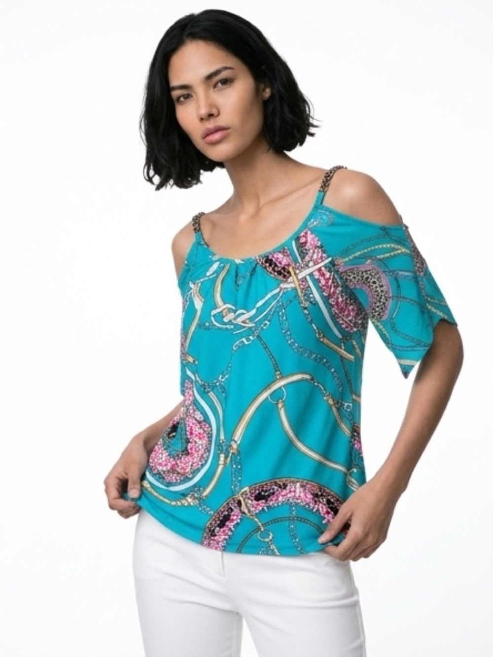Turquoise Cold-Shoulder Chain-Print Tunic‎ Top